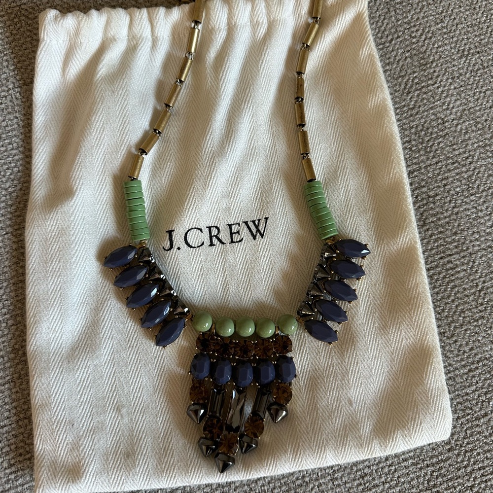 J. Crew Green and Purple Necklace with Unique Beads and Teardrop Pendants